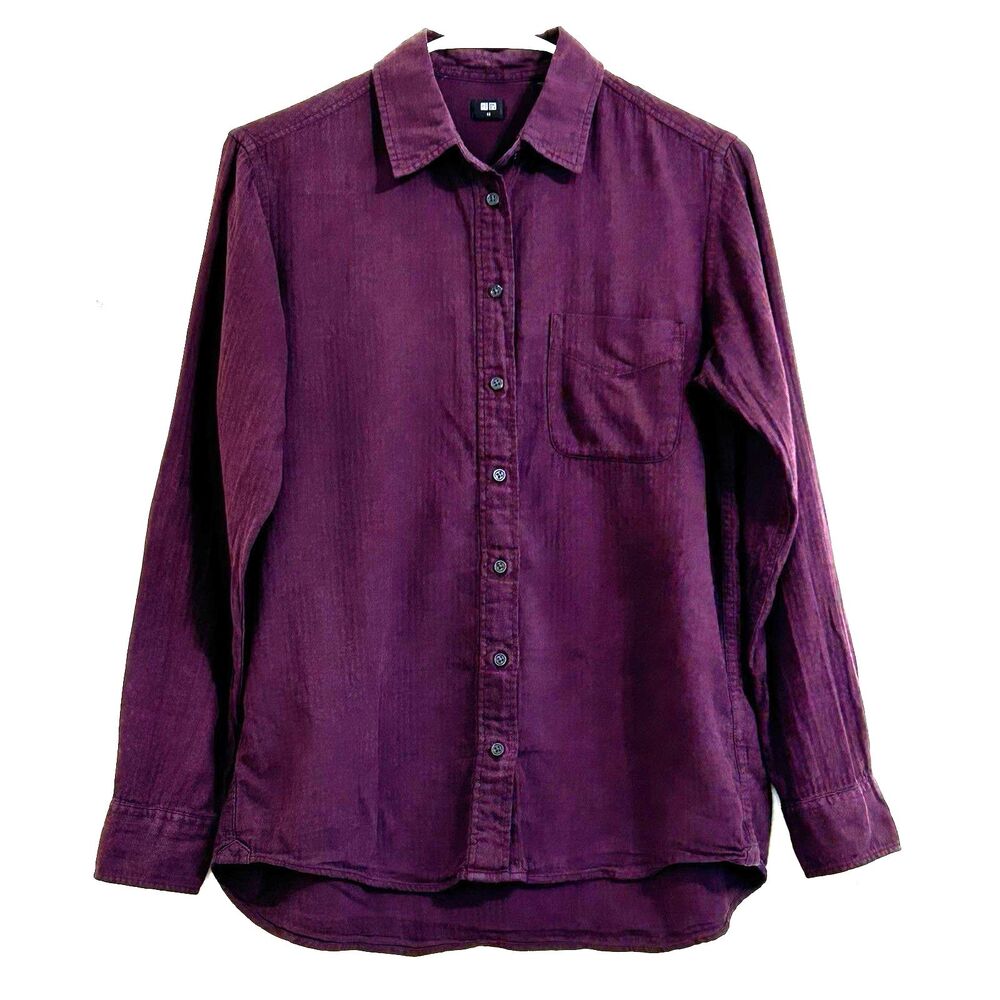 Uniqlo Burgundy Cotton Pinstripe Flannel Button Down Shirt Size XS Long Sleeve